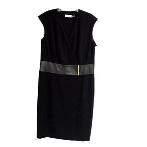 Calvin Klein Black Sleeveless Dress Faux Leather Waistband Details Classic Sz 10